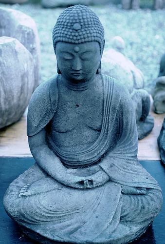 Buddha statue in meditation pose, robe, blue, concrete, Lake City Way, Seattle, Washington, USA